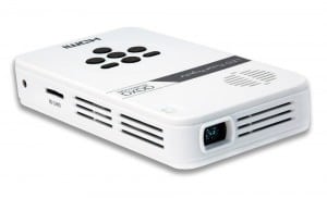 Pico projectors are typically LED and can fit in the palm of your hand.