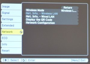 Network main menu - controls wired and wireless network configuration and reporting