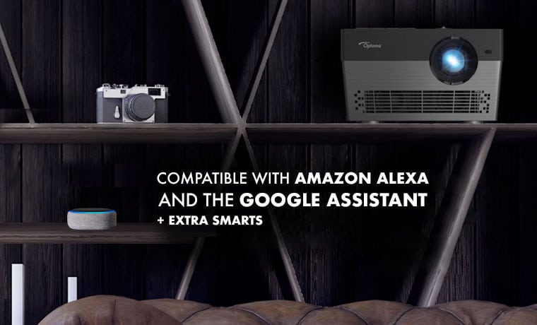 The Optoma UHL55 Smart 4K Home Theater Projector is Compatible with Amazon Alex and the Google Assistant