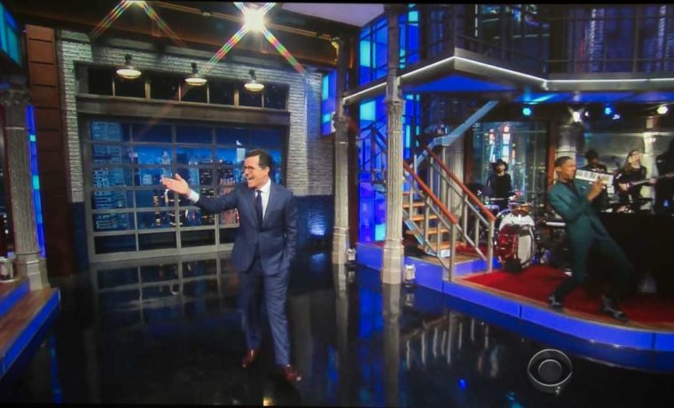 HDTV – Colbert!  1080i, off of DirectTV  Home theater was  modestly lit all rear downfacing lights were on full.