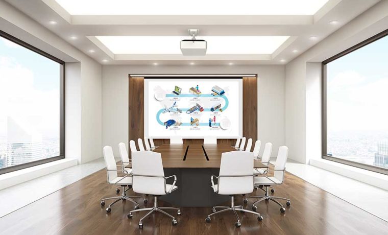 Conference room interior with whiteboard