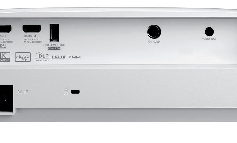 The connections include two HDMI inputs (one 2.0, the other 1.4a, both with HDCP 2.2 copy protection), a USB port for powering streaming dongles, a 3D sync connector for an optional RF transmitter, and a 3.5mm audio output.