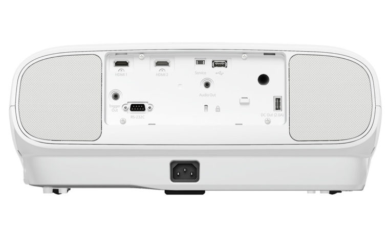 The connections include two HDMI inputs (both version 2.0 with HDCP 2.2 copy protection), one USB port for powering streaming dongles, a second USB port for firmware updates and a wireless LAN adaptor, a mini USB port for service only, a 3.5mm analog-audio output, an RS-232C port, and a 12V trigger output.
