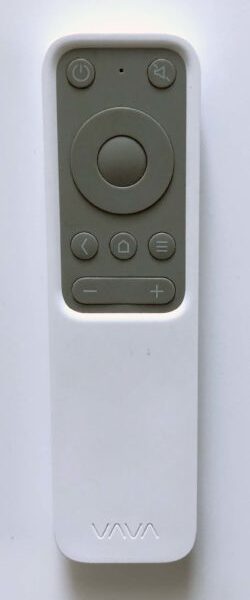 The lightweight VAVA remote is medium sized, thin, and has limited functions, primarily to control smart features