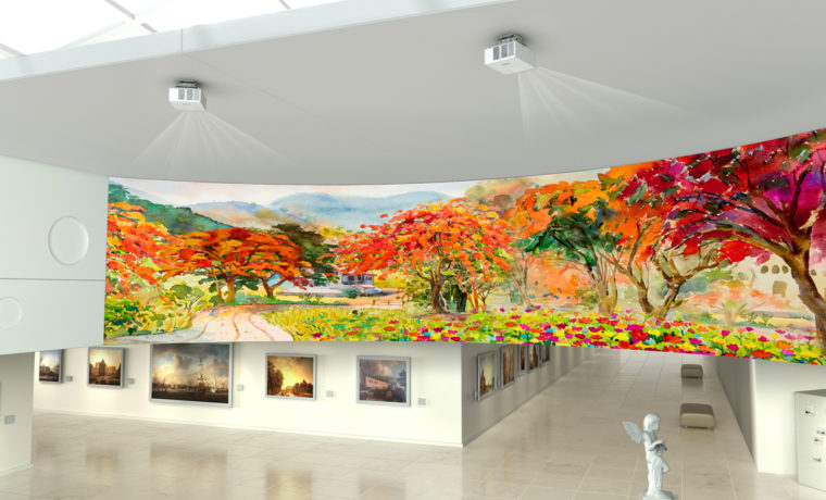 Edge blending multiple projectors to produce a single scene, with matched colors and brightness is widely used in museums. (This and some other professional images provided by Epson are illustrations or CG.)