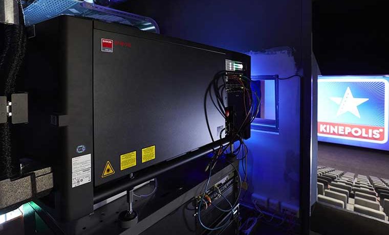 Image of a Barco DLP Cinema Projector from the projection room of a Kineopolis movie theater.