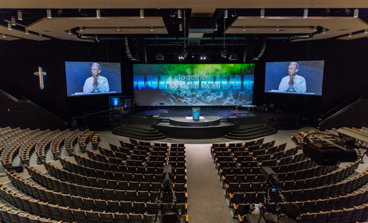One of the largest market segments for high powered laser projectors are Houses of Worship, such as the multi-projector mega-church shown here.