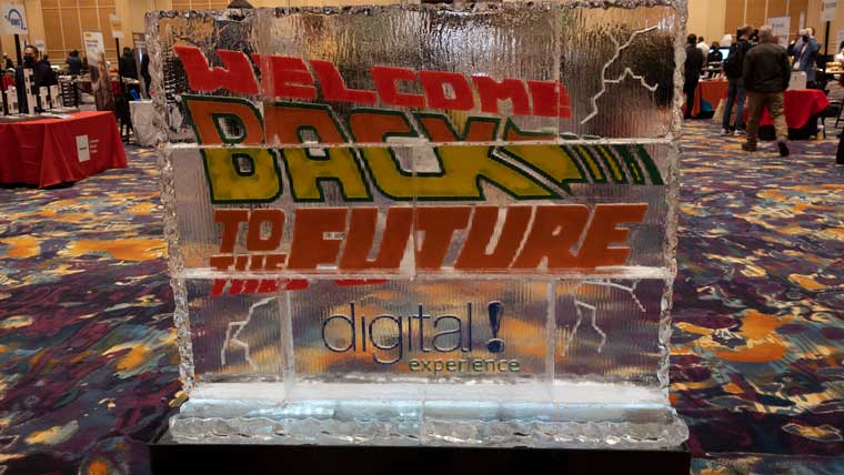 Pepcom’s ice sculpture said, “Welcome Back to the Future.”