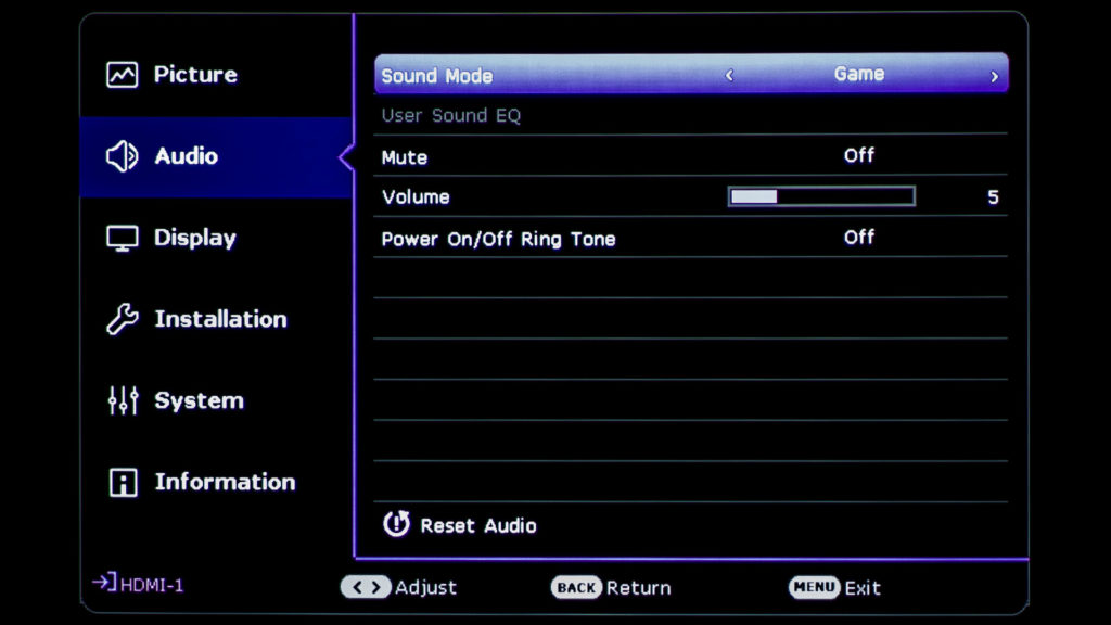 Benq TK700 audio menu