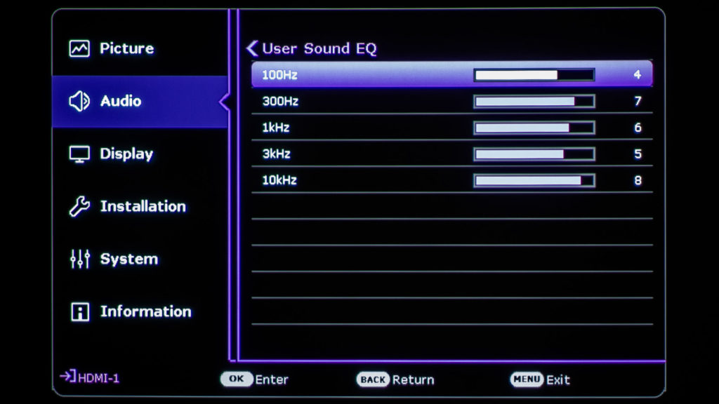 Benq TK700 audio menu