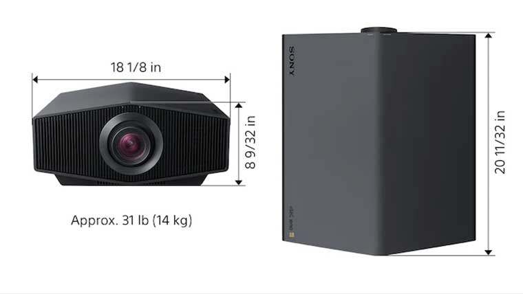 Sony XW7000ES from the Front and from above with dimensions