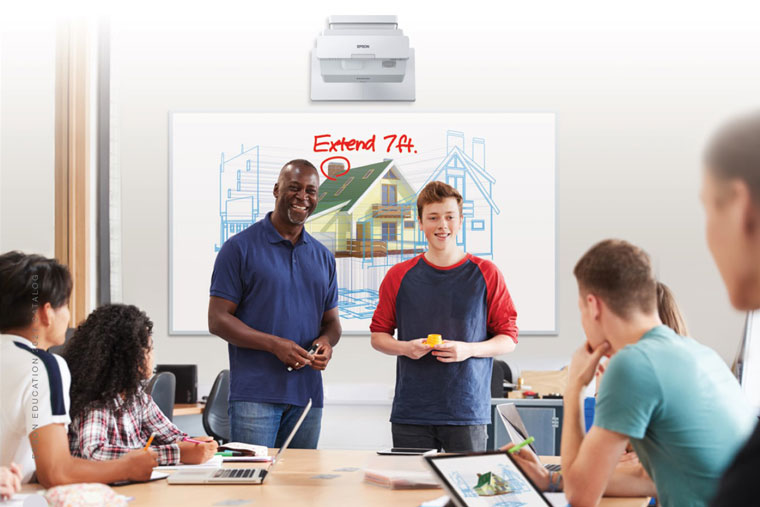 Interactive projectors easily make a dry erase board, plain wall, or a table an interactive display.