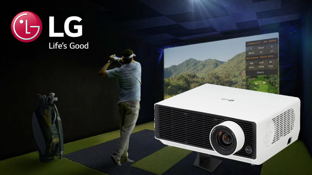 LG projector in front of a virtual golfing screen.